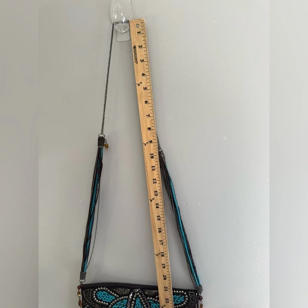 Ricki Designs Floral Beaded Chain Shoulder Strap Small Clutch Purse Turquoise